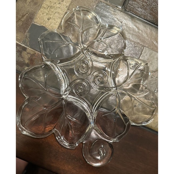 Vintage Leaf-shaped Hand Crafted Glass Clear Candy Dish (10” Long/8 1/2” Wide) - Picture 3 of 6
